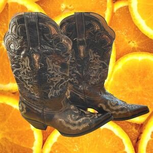 Stetson Handmade Dark Brown Leather Snake Skin Inlay Cowboy Western Boots Men 11